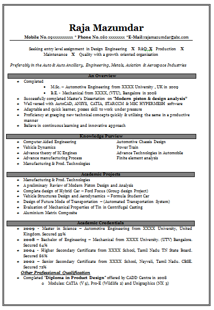 International resume format for freshers
